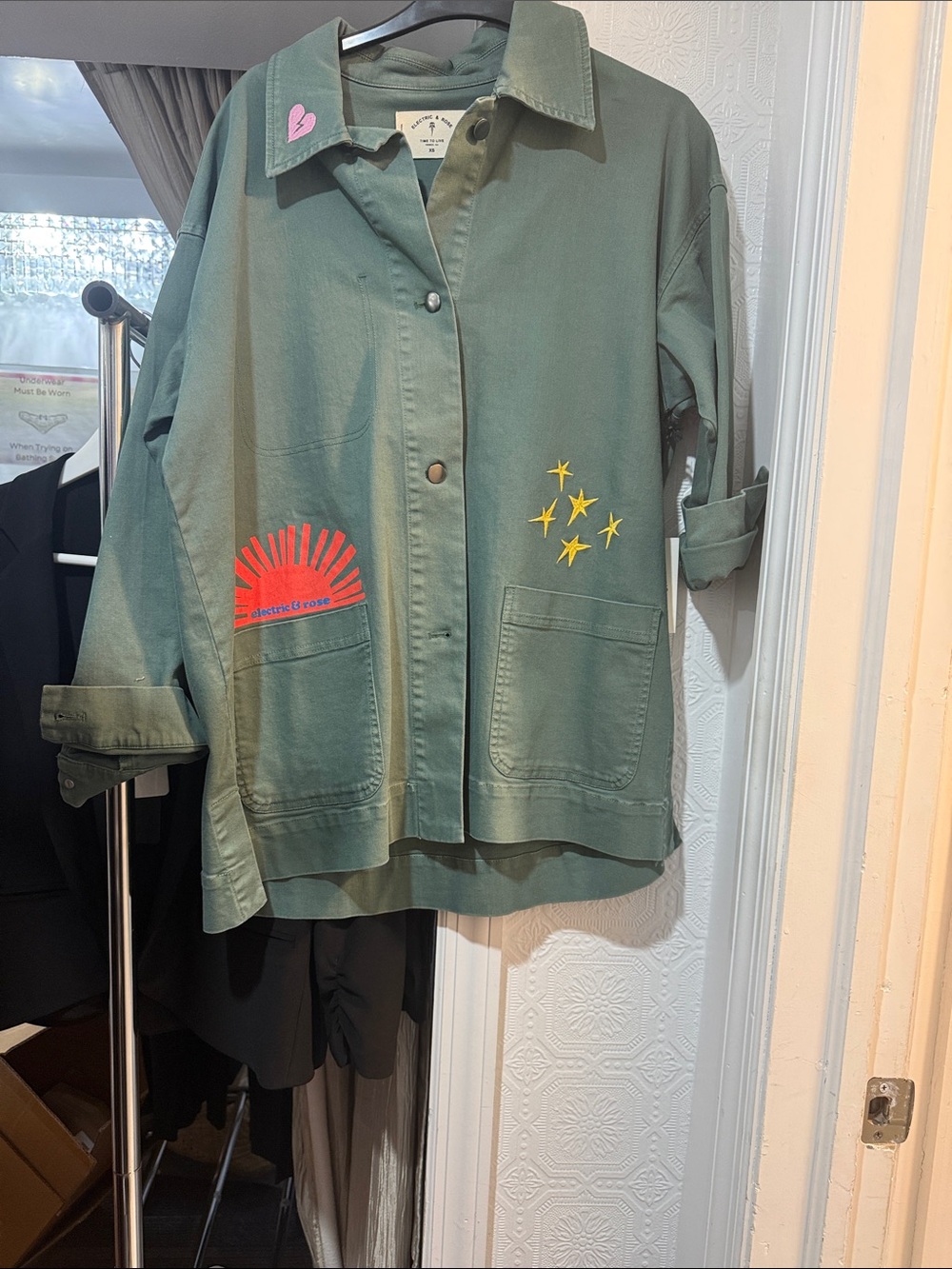 Electric & Rose Womens Olive Green Embroidered Utility Jacket